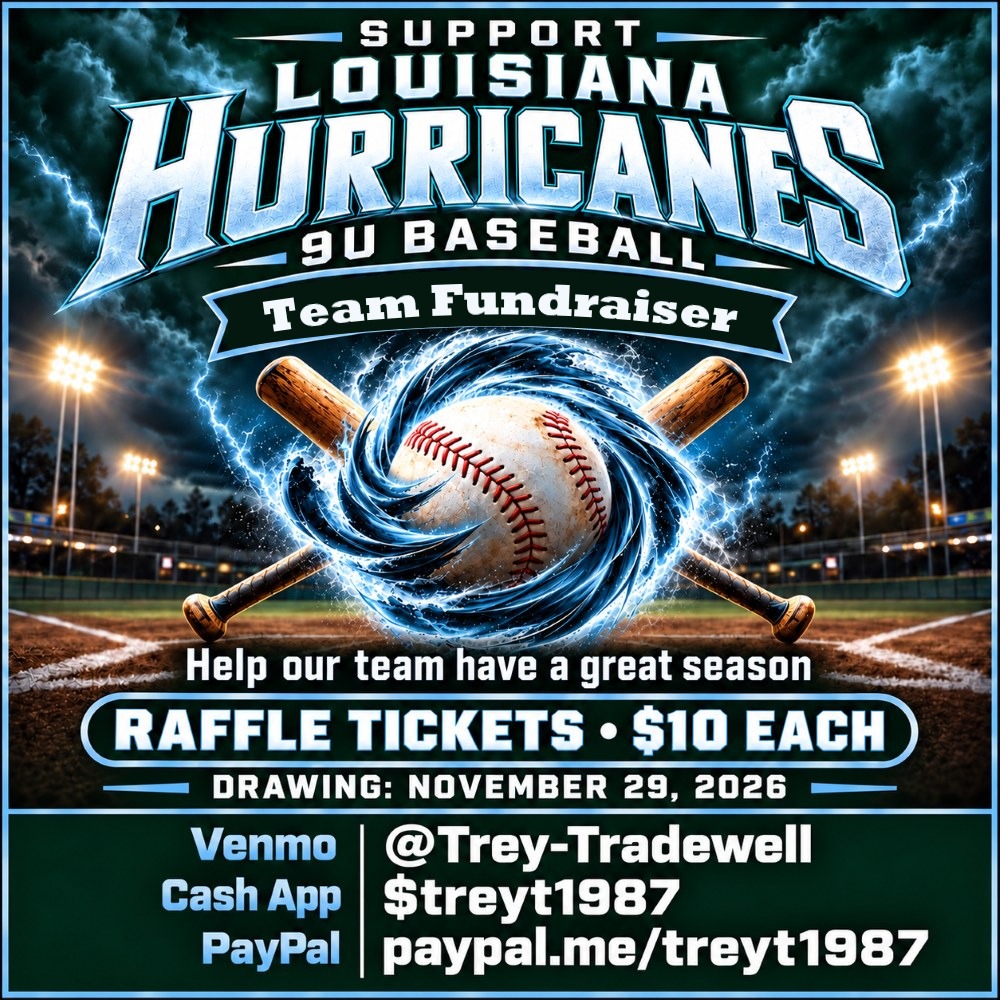 Support Louisiana Hurricanes 9U Baseball raffle flyer: tickets $10 each, drawing November 29, 2026