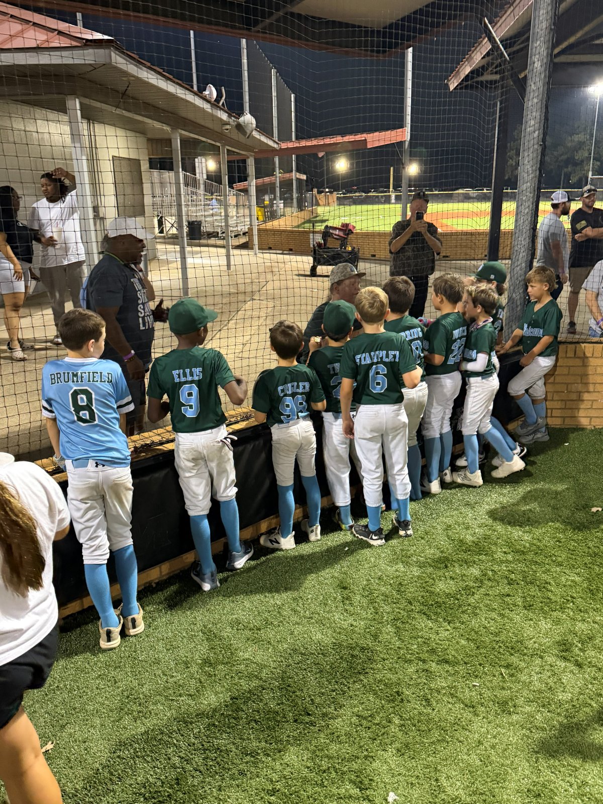 Players standing along the dugout fence
